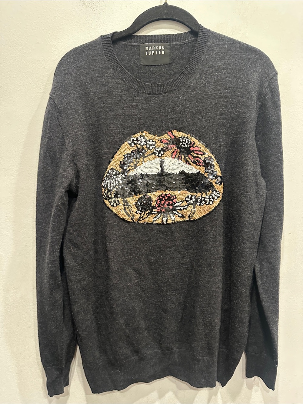 Markus Lupfer Merino Wool Crewneck Sweater Sequin flower Lips size medium
